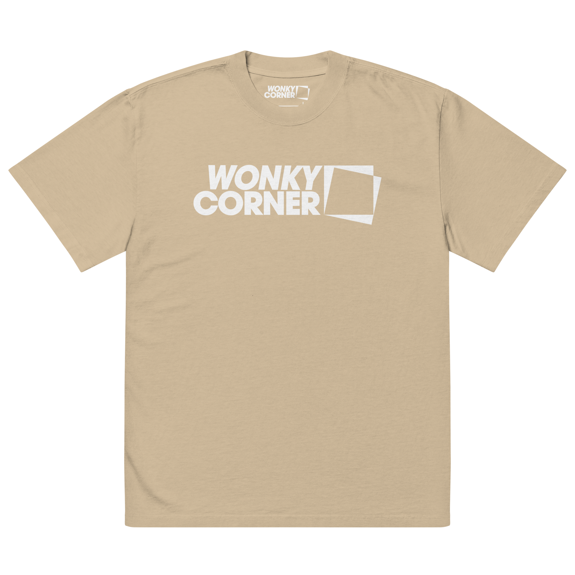 beige t-paita, jossa wonky corner- logoprintti
