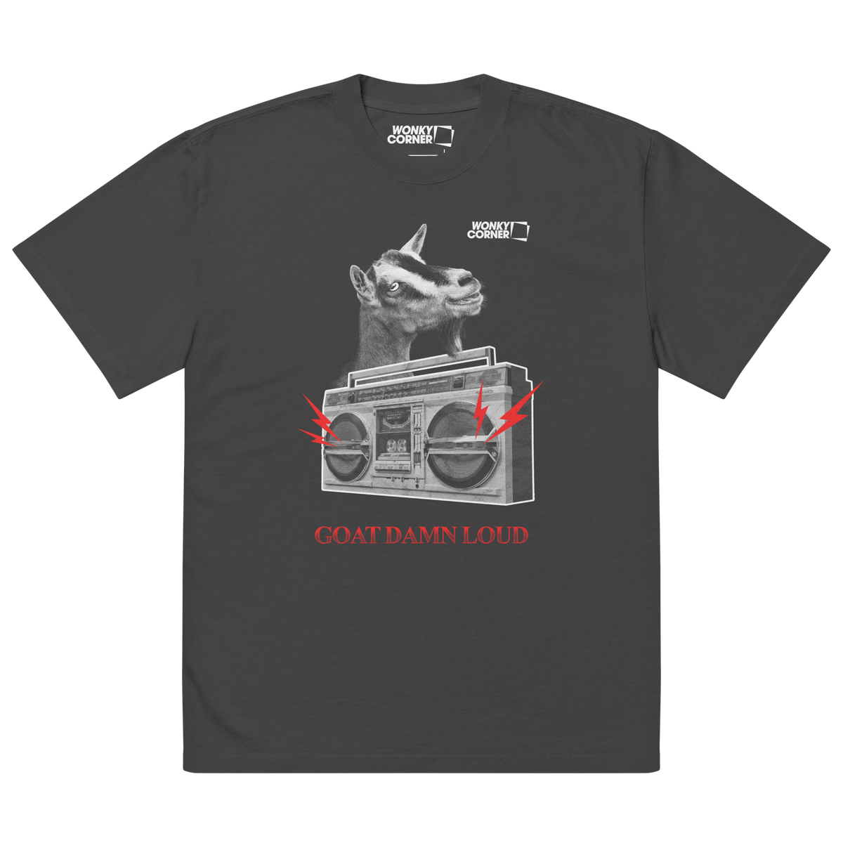musta printti t-paita, jossa vuohi ja ghettoblaster. kuvan alla teksti goat damn loud.