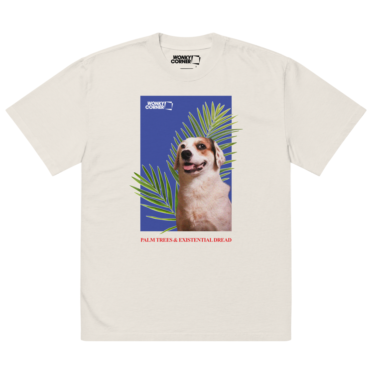 valkoinen t-paita, jossa printtinä läähättävä koira ja palmunoksia sinisellä taustalla, kuvan alla teksti palms trees & existential dread