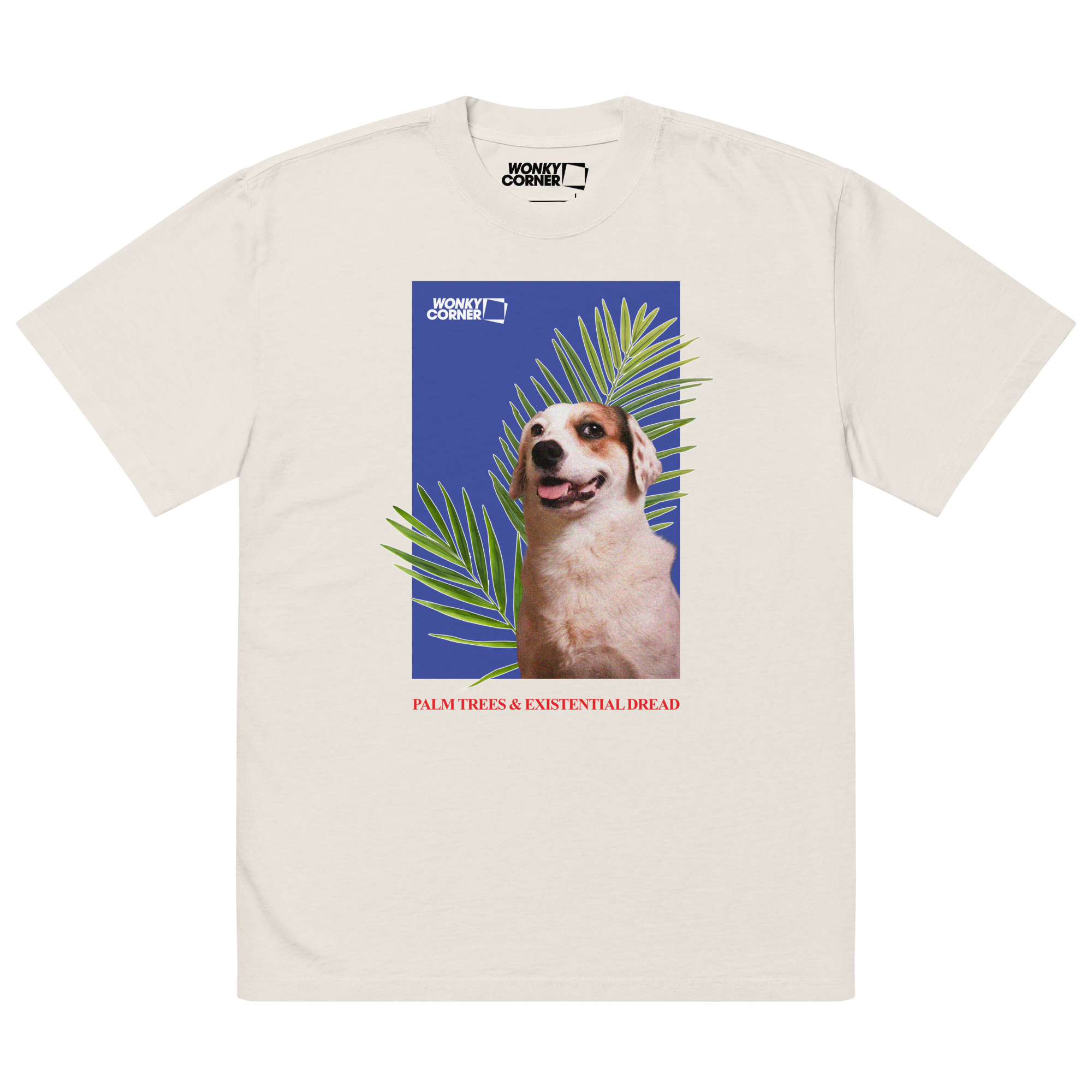 valkoinen t-paita, jossa printtinä läähättävä koira ja palmunoksia sinisellä taustalla, kuvan alla teksti palms trees & existential dread