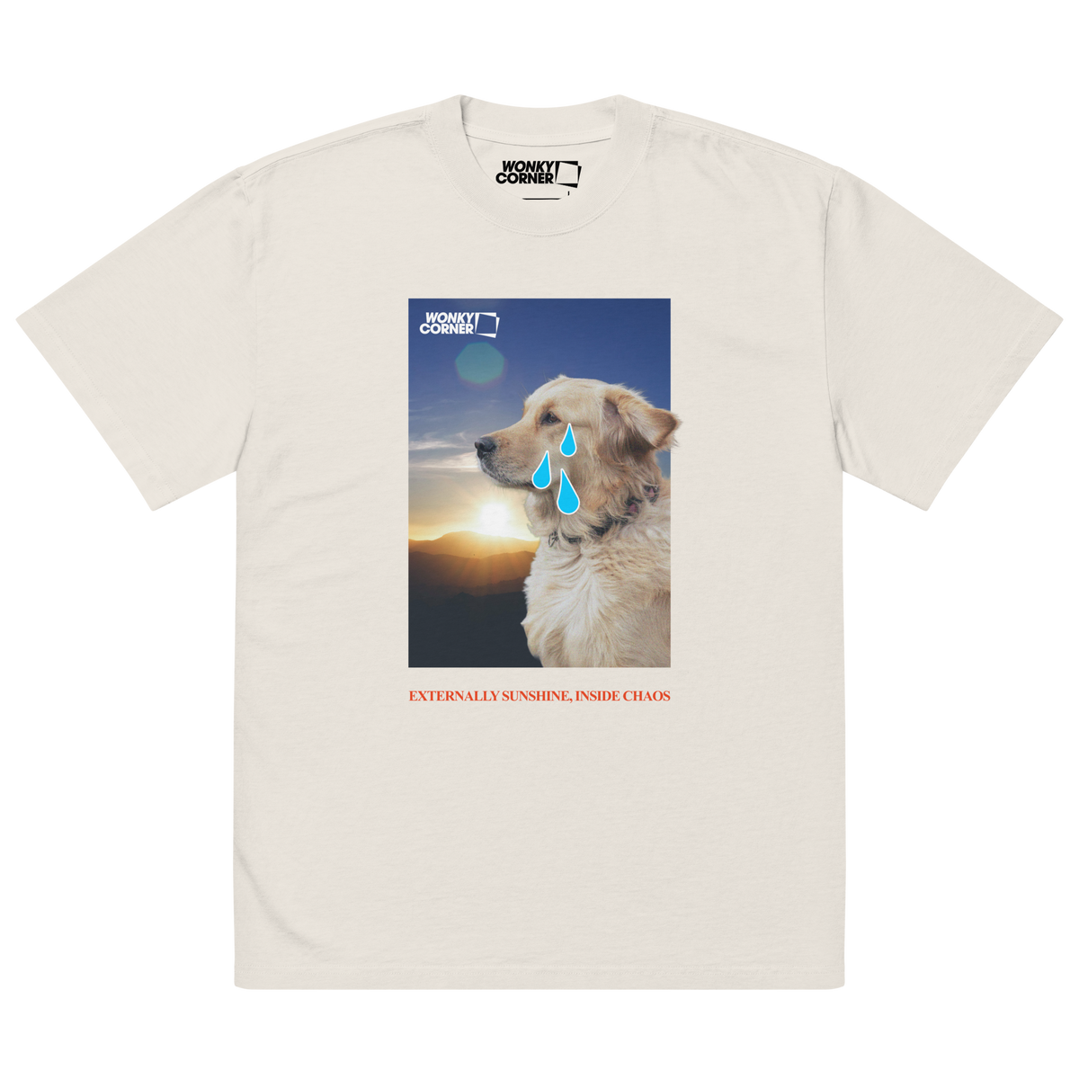 valkoinen t-paita, jossa printti koirasta joka itkee, alla teksti externally sunshine, inside chaos