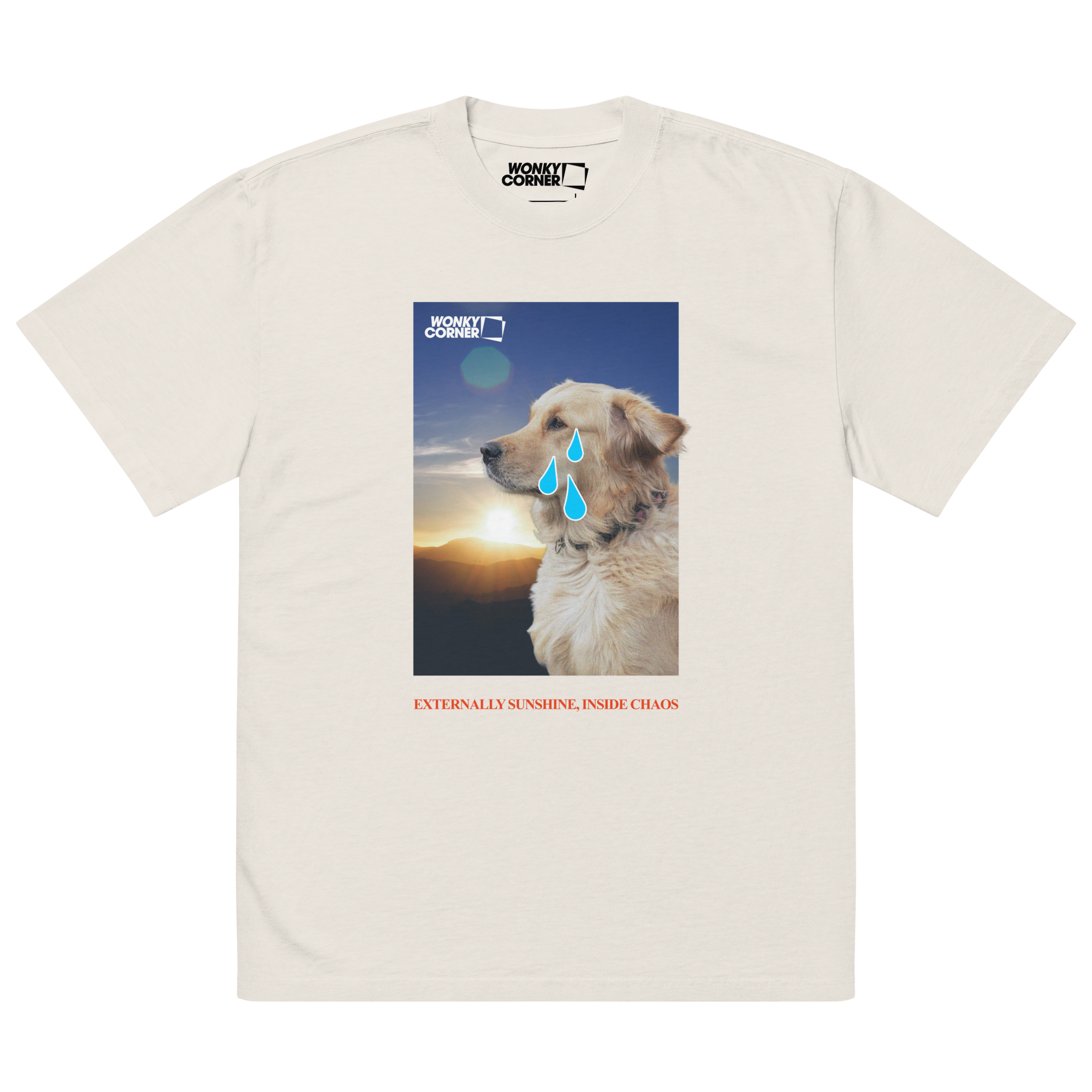 valkoinen t-paita, jossa printti koirasta joka itkee, alla teksti externally sunshine, inside chaos
